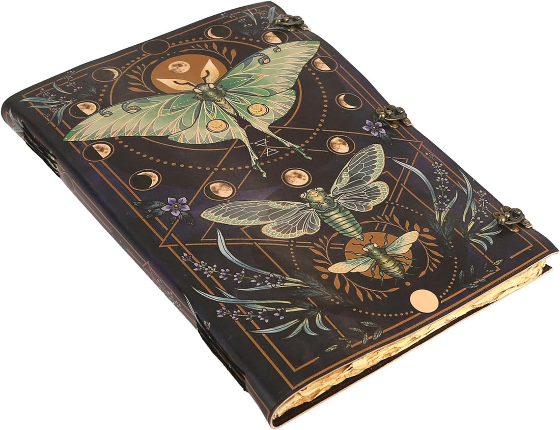 TUZECH Book of Spells Leather Bound Luna Moths Journal Deckle Edge Paper Grimoire Morpho Printed Diary Notebook Spiral Gothic Notebook Antique Vintage Book for Men and Women (The Butterfly)
