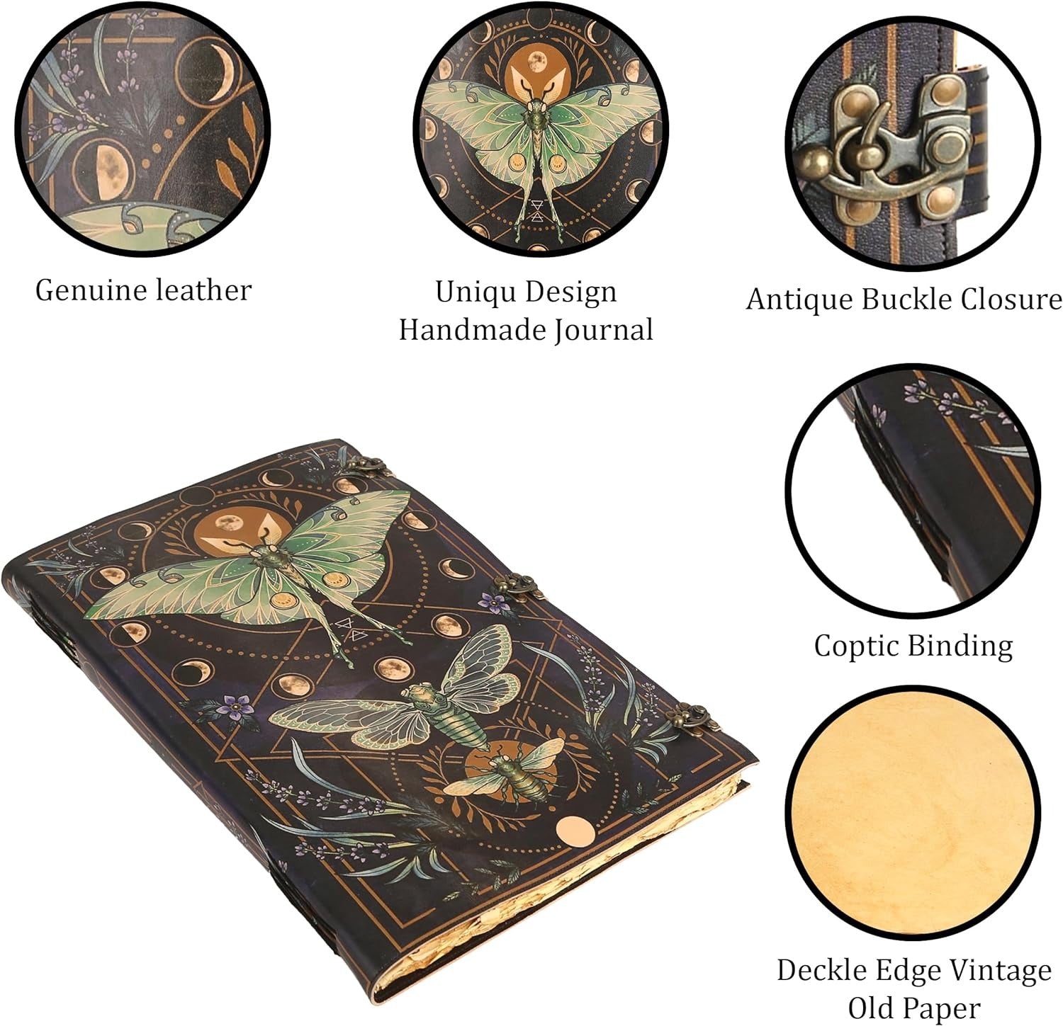 TUZECH Book of Spells Leather Bound Luna Moths Journal Deckle Edge Paper Grimoire Morpho Printed Diary Notebook Spiral Gothic Notebook Antique Vintage Book for Men and Women (The Butterfly)