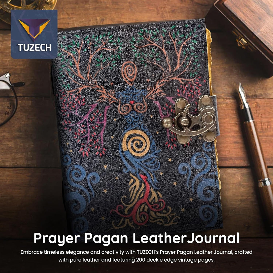 TUZECH Book of Spells Leather Bound Journal Deckle Edge Paper Grimoire Printed Diary Third Eye Notebook Spiral Gothic Notebook Antique Vintage Book for Men and Women