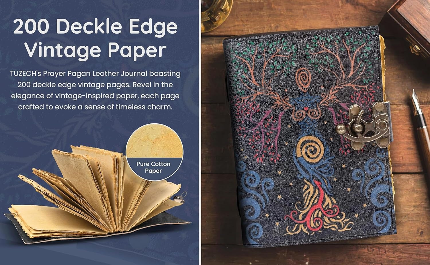 TUZECH Book of Spells Leather Bound Journal Deckle Edge Paper Grimoire Printed Diary Third Eye Notebook Spiral Gothic Notebook Antique Vintage Book for Men and Women
