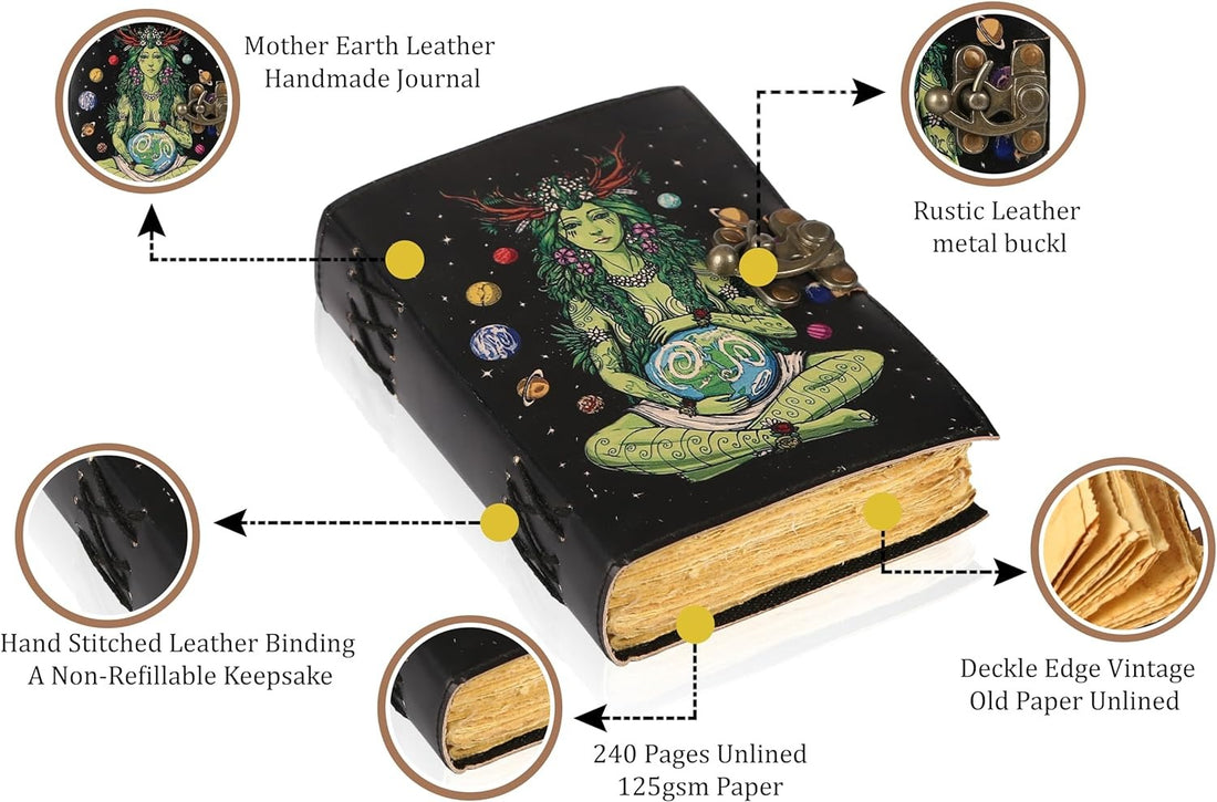 TUZECH Book of Spells Leather Bound Journal Deckle Edge Paper Grimoire Printed Diary Third Eye Notebook Spiral Gothic Notebook Antique Vintage Book for Men and Women