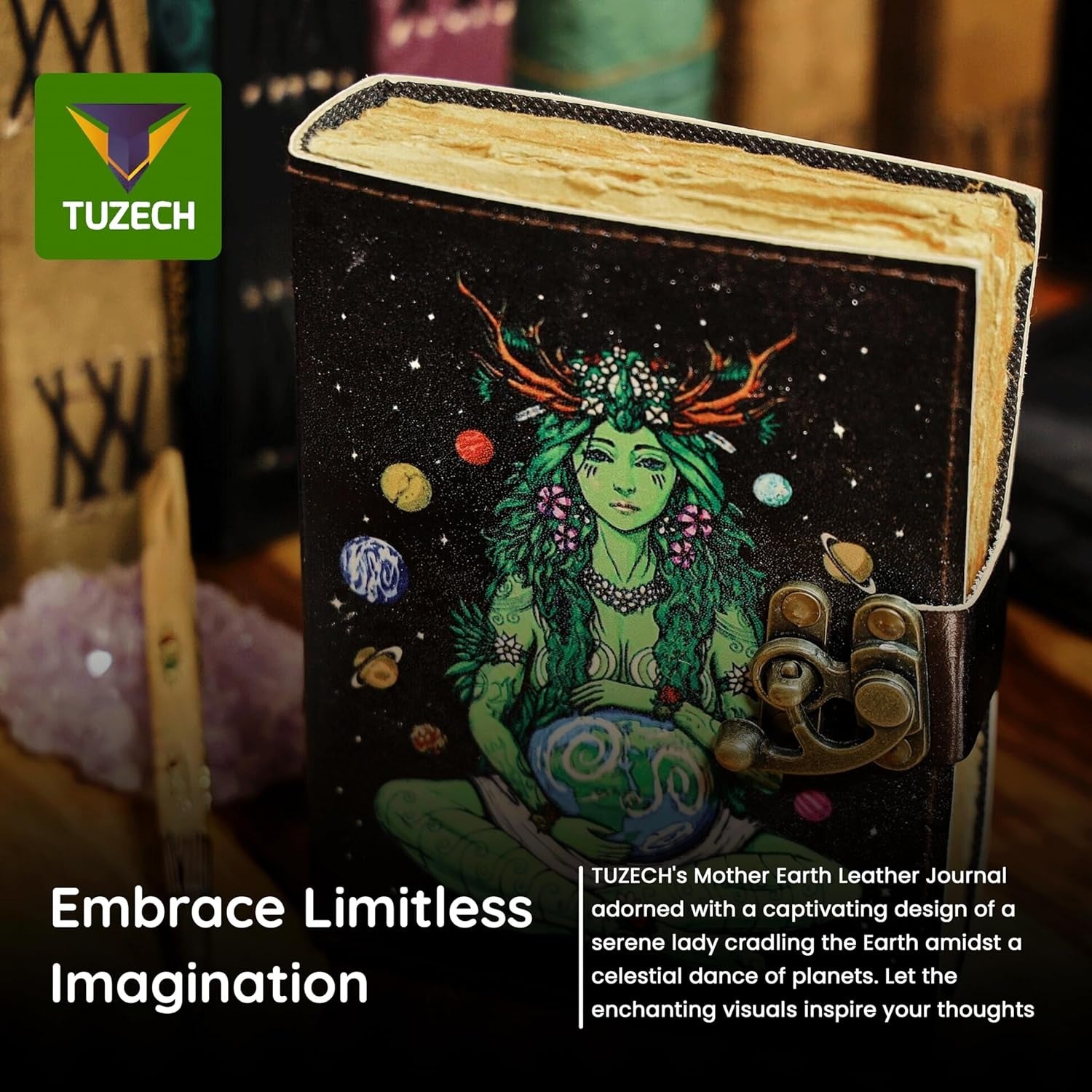 TUZECH Book of Spells Leather Bound Journal Deckle Edge Paper Grimoire Printed Diary Third Eye Notebook Spiral Gothic Notebook Antique Vintage Book for Men and Women