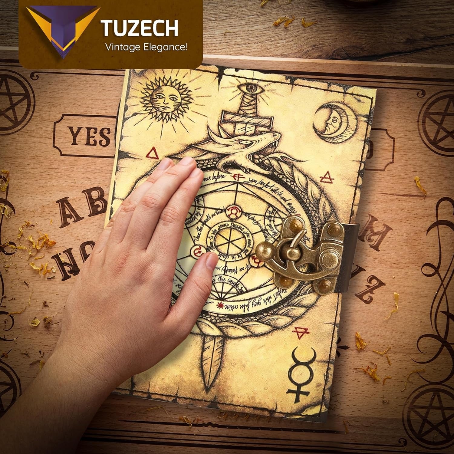 TUZECH Book of Spells Leather Bound Journal Deckle Edge Paper Grimoire Printed Diary Third Eye Notebook Spiral Gothic Notebook Antique Vintage Book for Men and Women