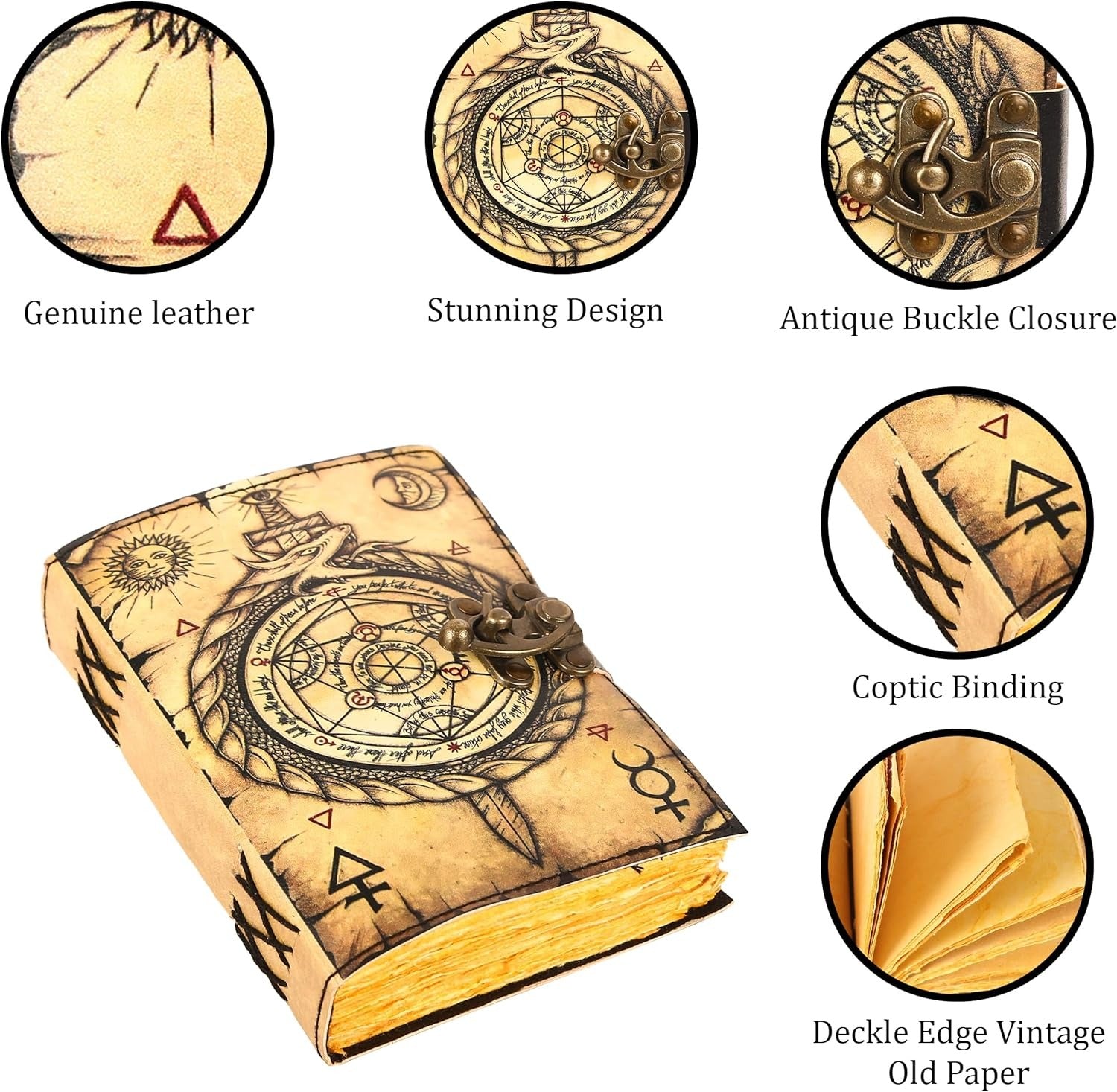 TUZECH Book of Spells Leather Bound Journal Deckle Edge Paper Grimoire Printed Diary Third Eye Notebook Spiral Gothic Notebook Antique Vintage Book for Men and Women