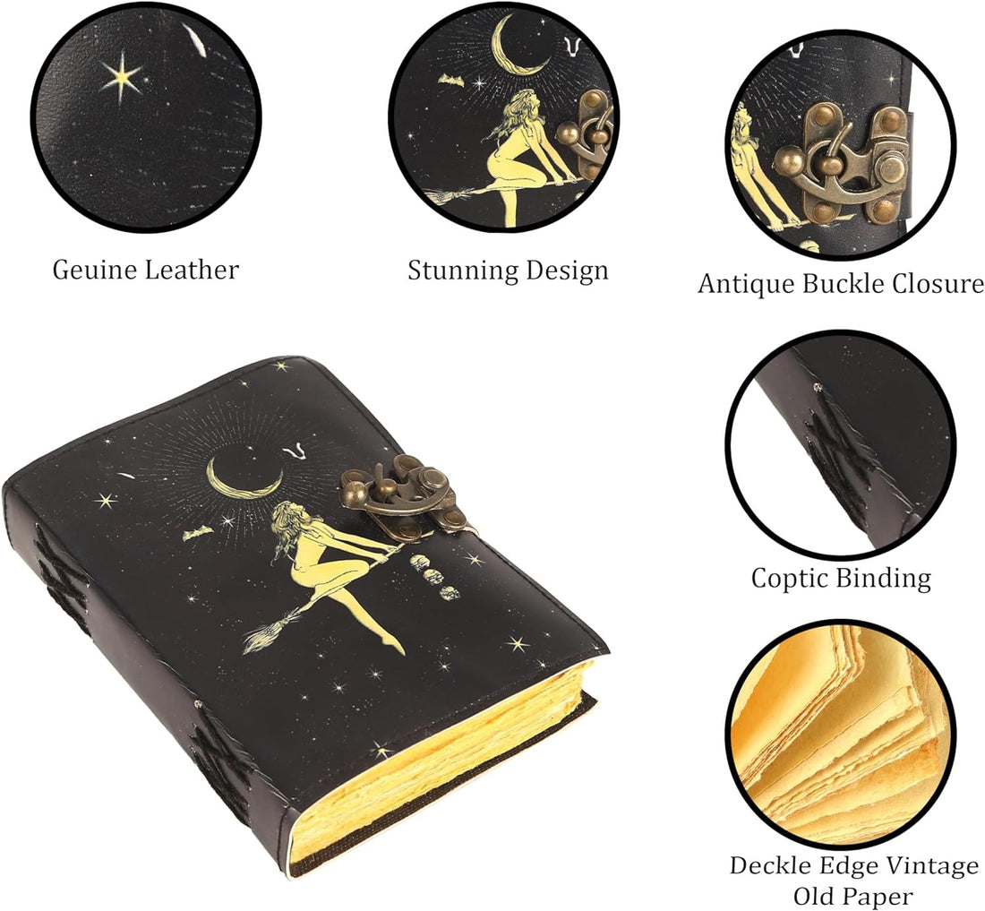 TUZECH Book of Spells Leather Bound Journal Deckle Edge Paper Grimoire Printed Diary Third Eye Notebook Spiral Gothic Notebook Antique Vintage Book for Men and Women