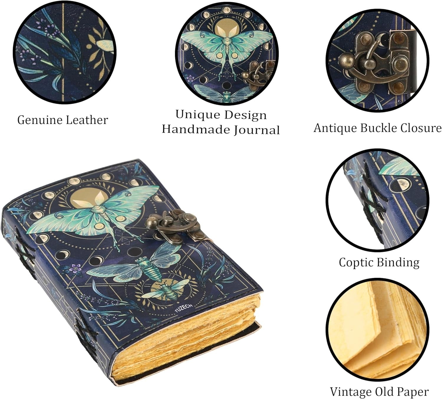 TUZECH Book of Spells Leather Bound Journal Deckle Edge Paper Grimoire Printed Diary Third Eye Notebook Spiral Gothic Notebook Antique Vintage Book for Men and Women