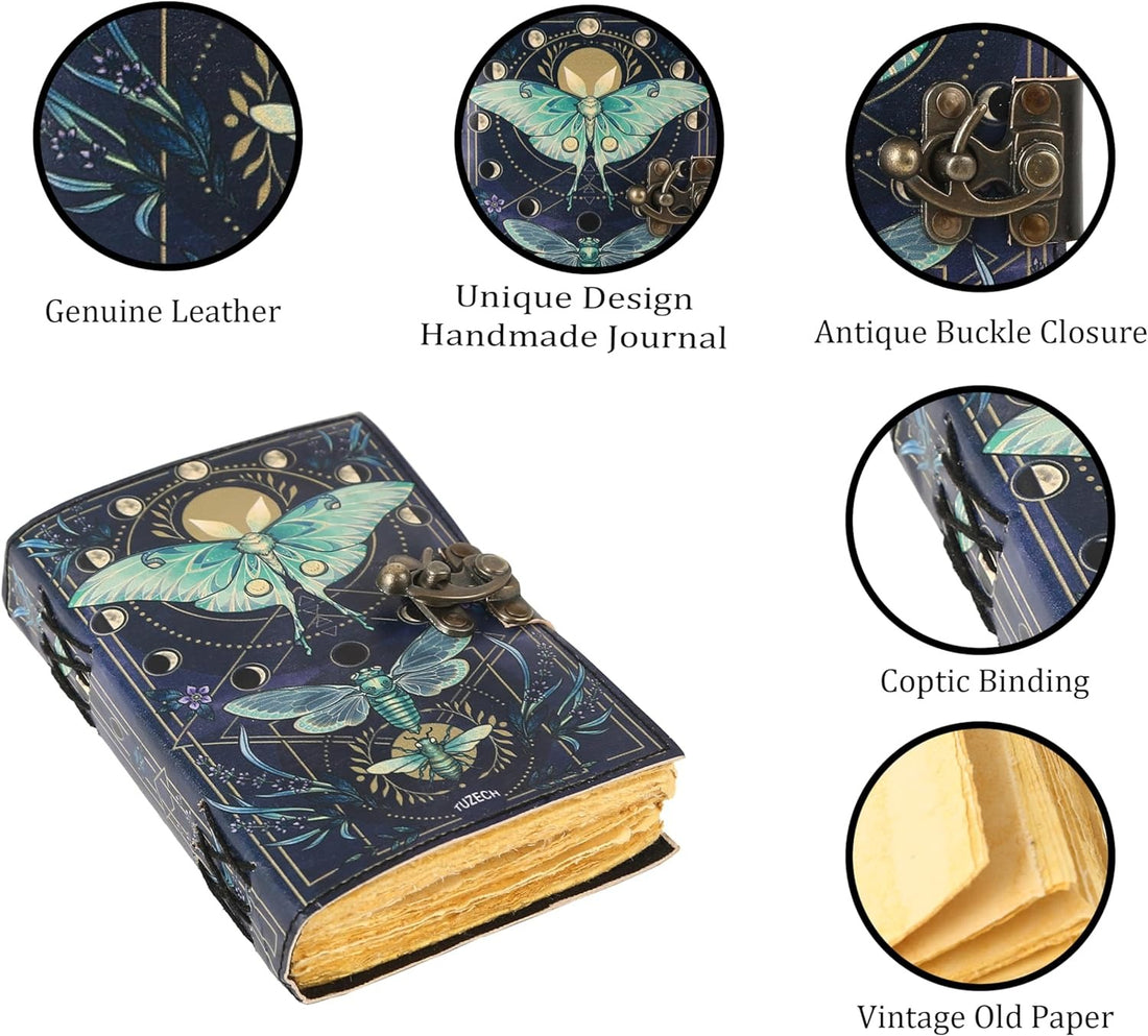 TUZECH Book of Spells Leather Bound Journal Deckle Edge Paper Grimoire Printed Diary Third Eye Notebook Spiral Gothic Notebook Antique Vintage Book for Men and Women