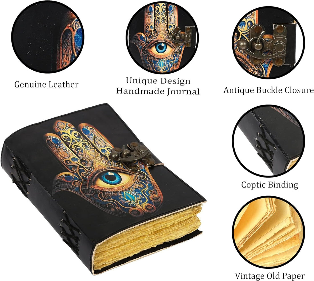 TUZECH Book of Spells Leather Bound Journal Deckle Edge Paper Grimoire Printed Diary Third Eye Notebook Spiral Gothic Notebook Antique Vintage Book for Men and Women