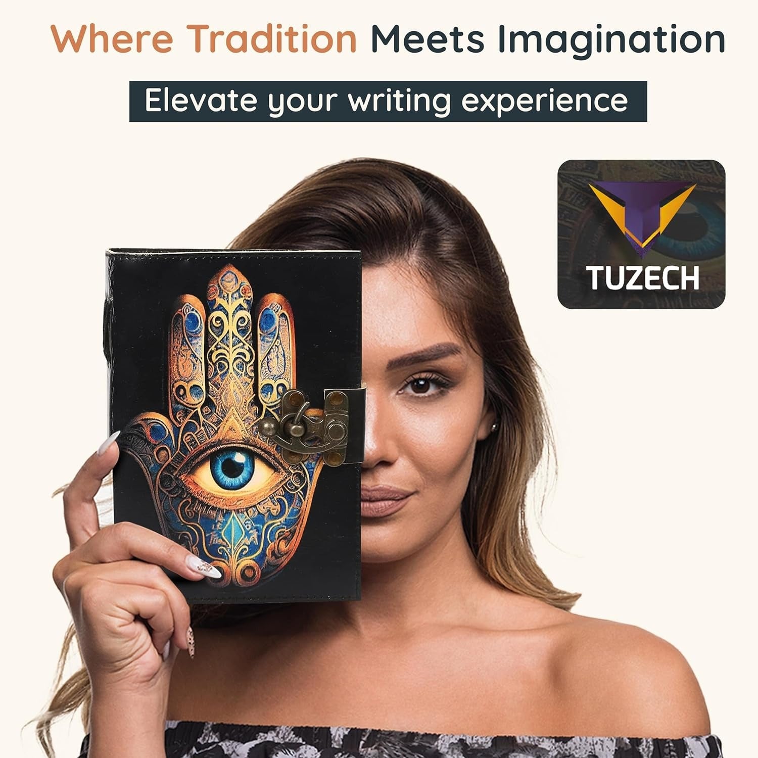 TUZECH Book of Spells Leather Bound Journal Deckle Edge Paper Grimoire Printed Diary Third Eye Notebook Spiral Gothic Notebook Antique Vintage Book for Men and Women