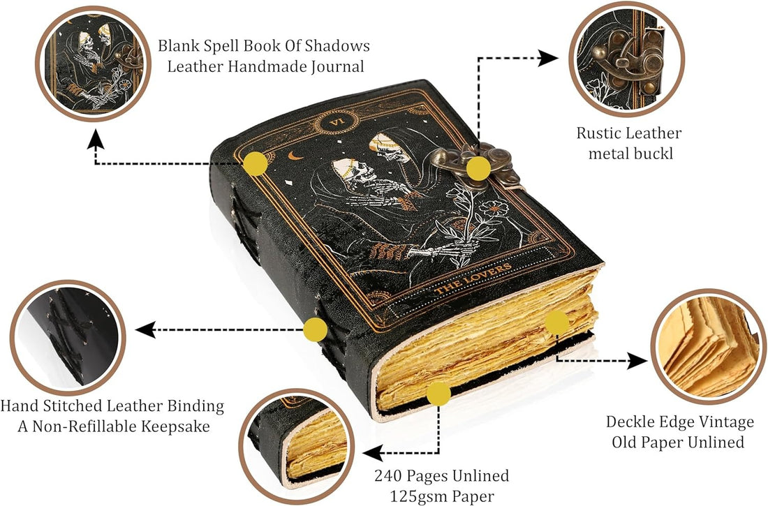 TUZECH Book of Spells Leather Bound Journal Deckle Edge Paper Grimoire Printed Diary Third Eye Notebook Spiral Gothic Notebook Antique Vintage Book for Men and Women