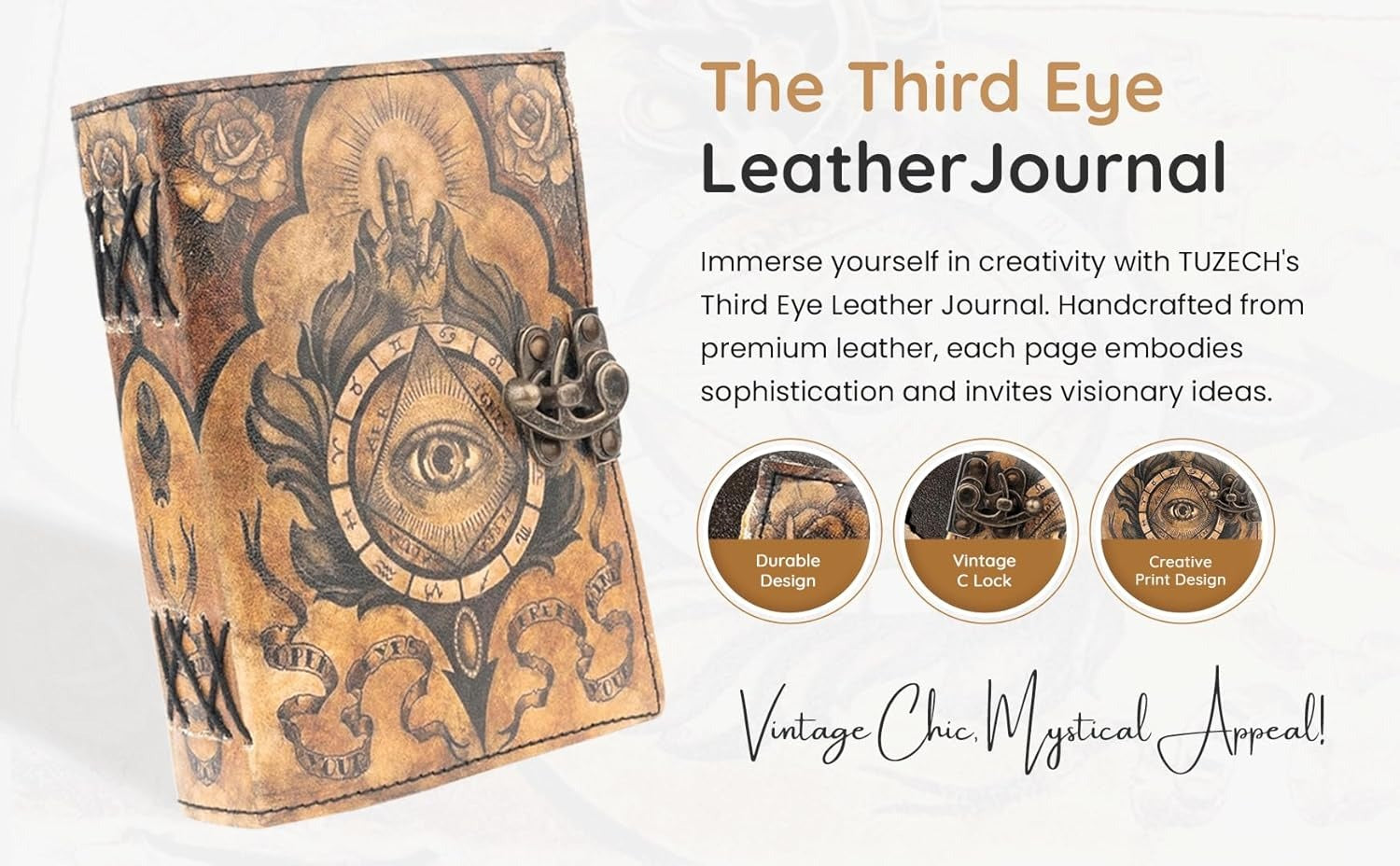 TUZECH Book of Spells Leather Bound Journal Deckle Edge Paper Grimoire Printed Diary Third Eye Notebook Spiral Gothic Notebook Antique Vintage Book for Men and Women