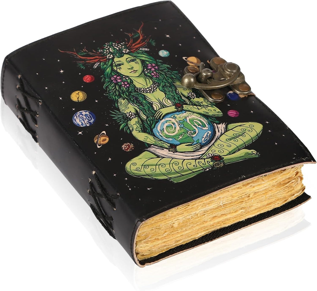 TUZECH Book of Spells Leather Bound Journal Deckle Edge Paper Grimoire Printed Diary Third Eye Notebook Spiral Gothic Notebook Antique Vintage Book for Men and Women