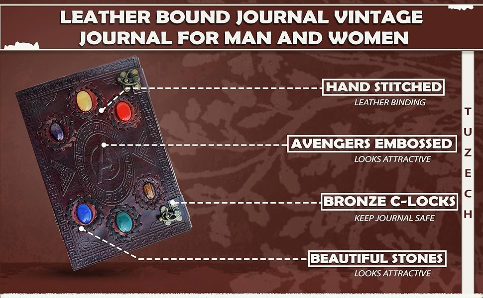 TUZECH Handmade Avengers Vintage Leather Journal With Stones Book Of Shadows/Art Sketchbook/Seven Chakra / & Travel lock Key Diary Large For Women & Men Gift 10 Inches