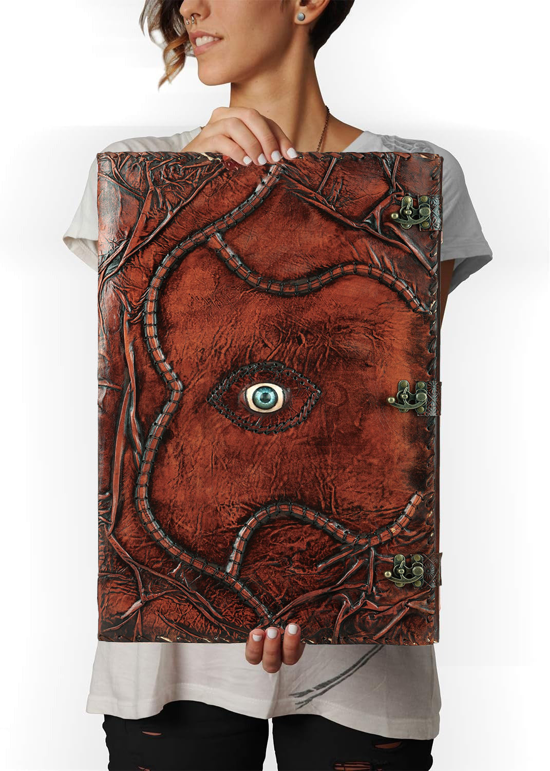 Hocus Pocus Spell Book | Handmade Leather Grimoire Journal with Lock | Third Eye Witchcraft Book of Spells | Vintage Book of Shadows | 22" Inch Witch Antique Notebook