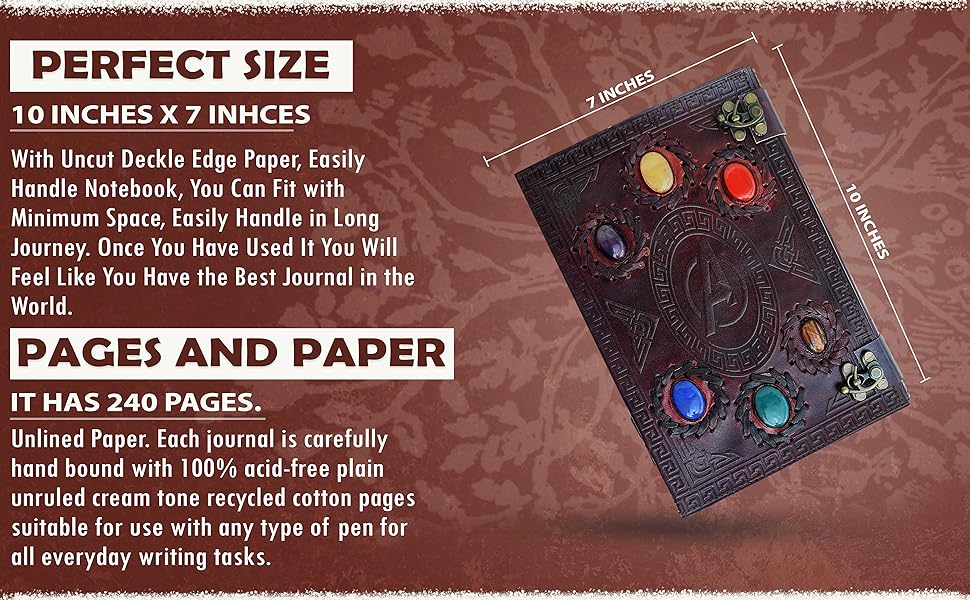 TUZECH Handmade Avengers Vintage Leather Journal With Stones Book Of Shadows/Art Sketchbook/Seven Chakra / & Travel lock Key Diary Large For Women & Men Gift 10 Inches