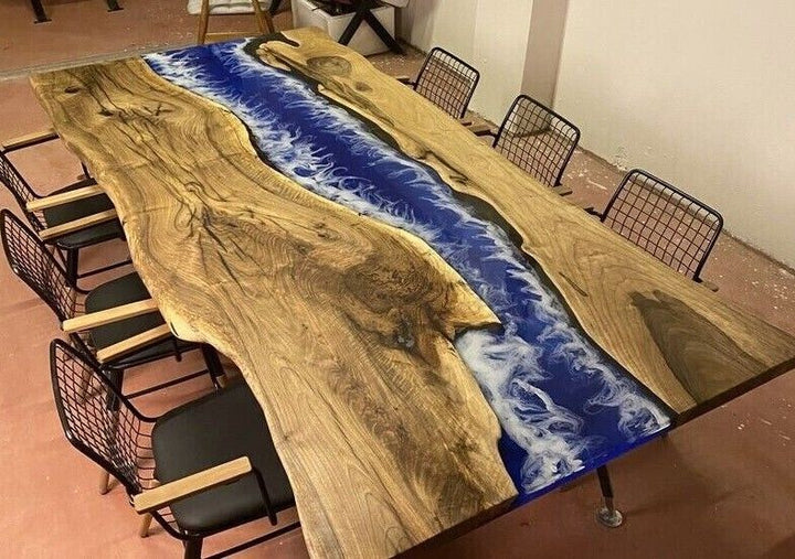 Custom Made Deep Blue River Table Epoxy Kitchen & Dining Table Resin Table Coffee Table Walnut Table Conference Table Live Edge Table Home Décor Counter Table