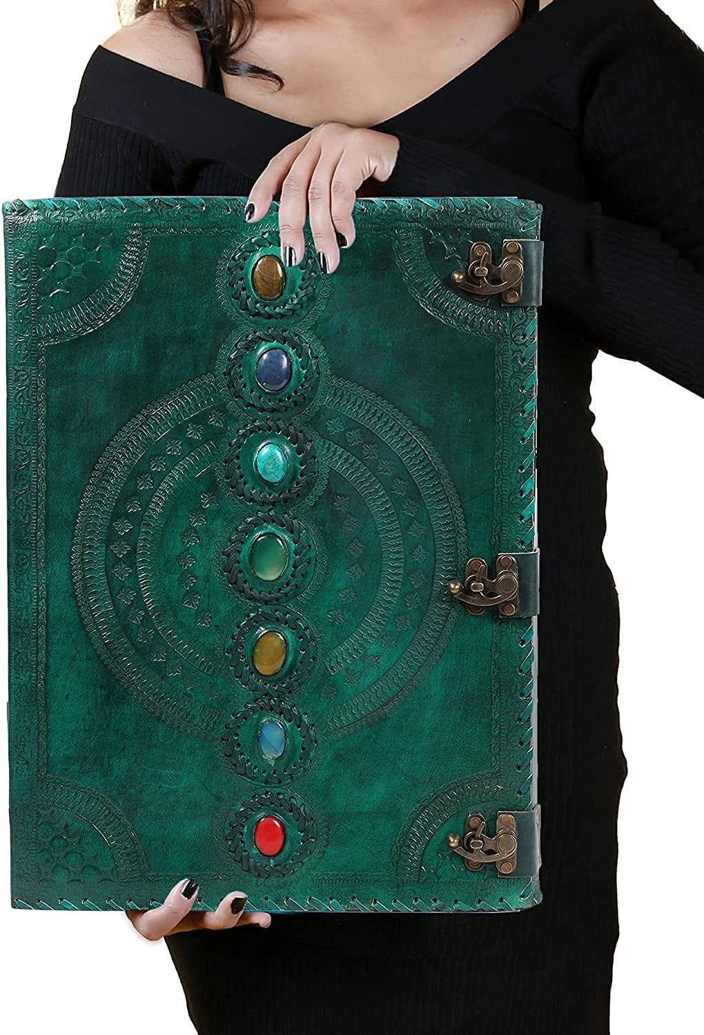 TUZECH Seven Chakra Medieval Stone Embossed Handmade Jumbo Leather Journal Book of Shadows Notebook Office Diary College Poetry Sketch 22 Inches-Tuzech store