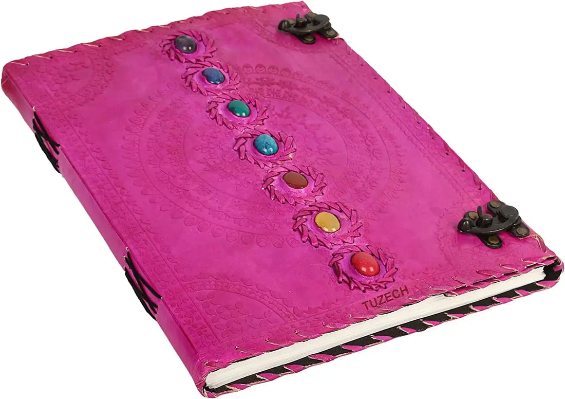 TUZECH Seven Chakra Medieval Stone Embossed Handmade Jumbo Leather Journal Book of Shadows Notebook Office Diary College Poetry Sketch 18 Inches-Tuzech store