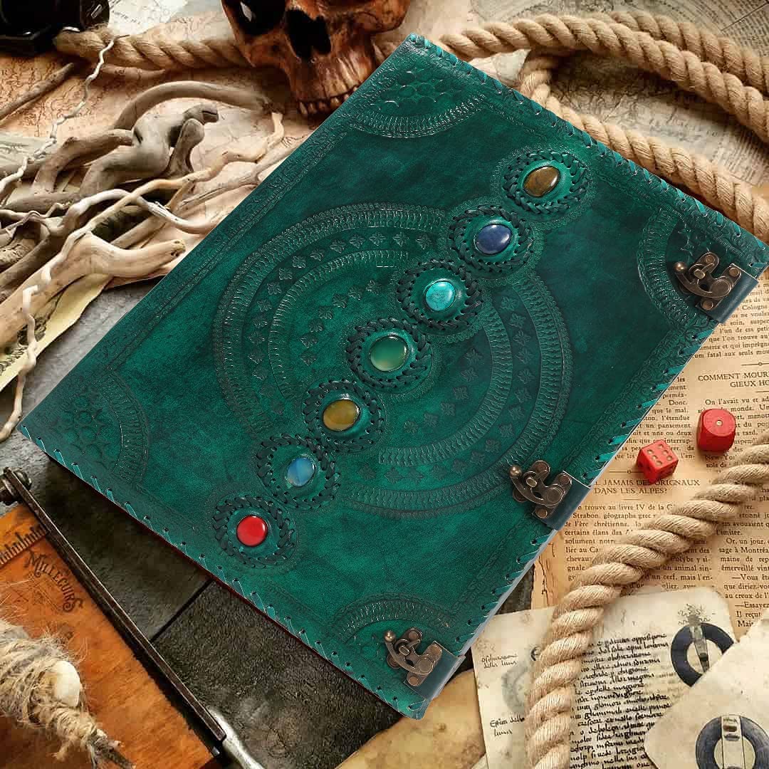 TUZECH Seven Chakra Medieval Stone Embossed Handmade Jumbo Leather Journal Book of Shadows Notebook Office Diary College Poetry Sketch 22 Inches-Tuzech store