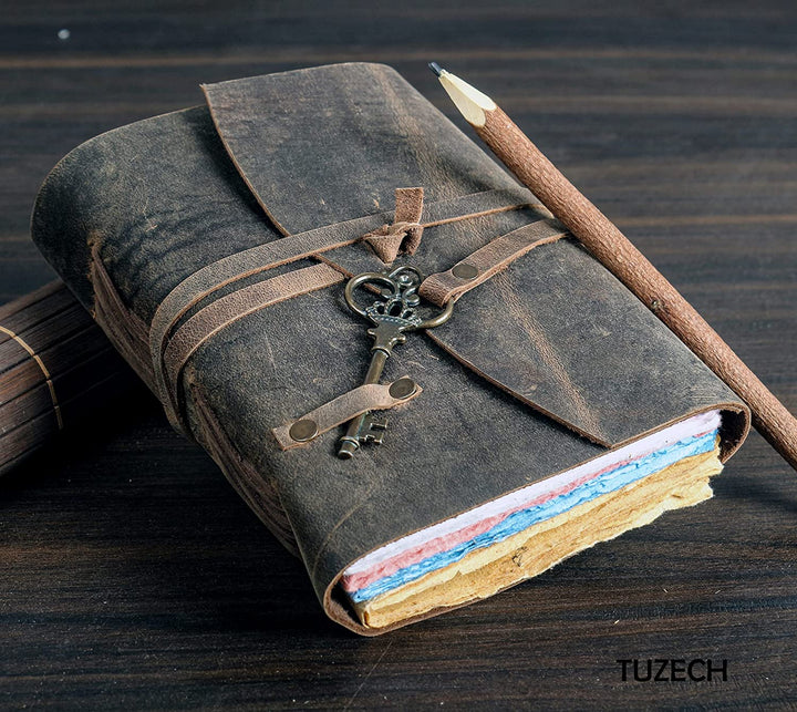 Tuzech Leather Journal for Women Men Gift With Deckle Edge Paper , Leather Scrapbook, Book of Shadows, Vintage Journal, Old Books, Grimoire, Antique Drawing Sketchbook Colourful Paper 7 by 5 Inches-Tuzech store