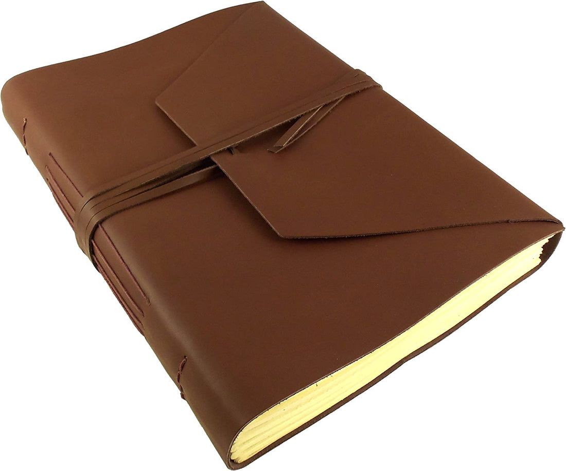 Large Genuine Leather Expedition Journal / Sketchbook - 380 Pages - 9" x 12" - Vintage Style - Rich Dark Brown-Tuzech store