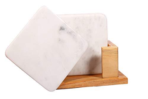 100% Pure Marble Natural Stone Coasters for Drinks with Wooden Holder Housewarming Suitable for Cup Glasses Prevent Furniture from Dirty Spills Water Ring, Scratches 4Inches Set of 6-Tuzech store