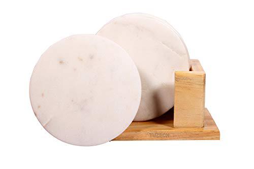 100% Pure Marble Natural Stone Coasters for Drinks with Wooden Holder Housewarming Suitable for Cup Glasses Prevent Furniture from Dirty Spills Water Ring, Scratches 4Inches Set of 6-Tuzech store