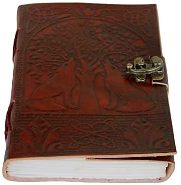 TUZECH Tree of Life with Wolves Vintage Book of Shadows Handmade Leather Journal Diary Hocus Pocus Notebook Seven Chakra Gift for Men Women Him Her With Leather Bound 7X5 Inches