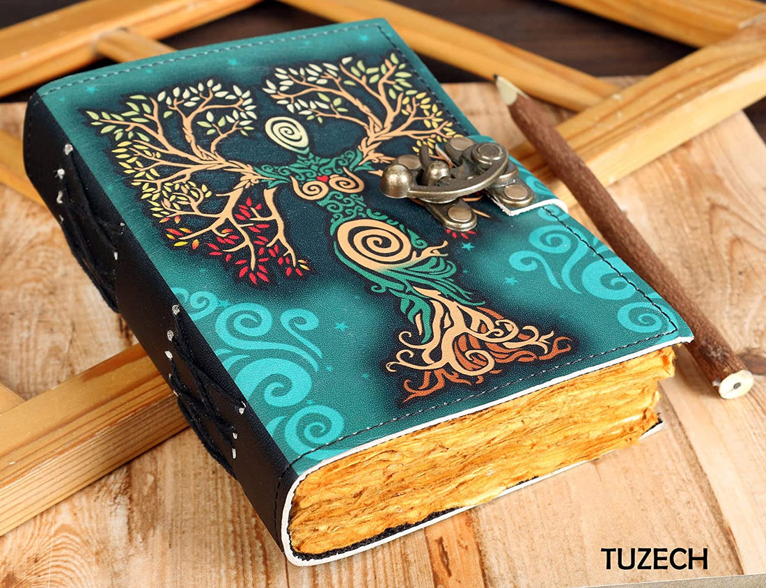 Tuzech Blank Spell Book Of Shadows Journal With Lock Clasp Prop Vintage Handmade Leather Diary For Women Men Gift Embossed Prayer Pagan Antique Witchcraft Wiccan Notebook Daily 7 Inches-Tuzech store