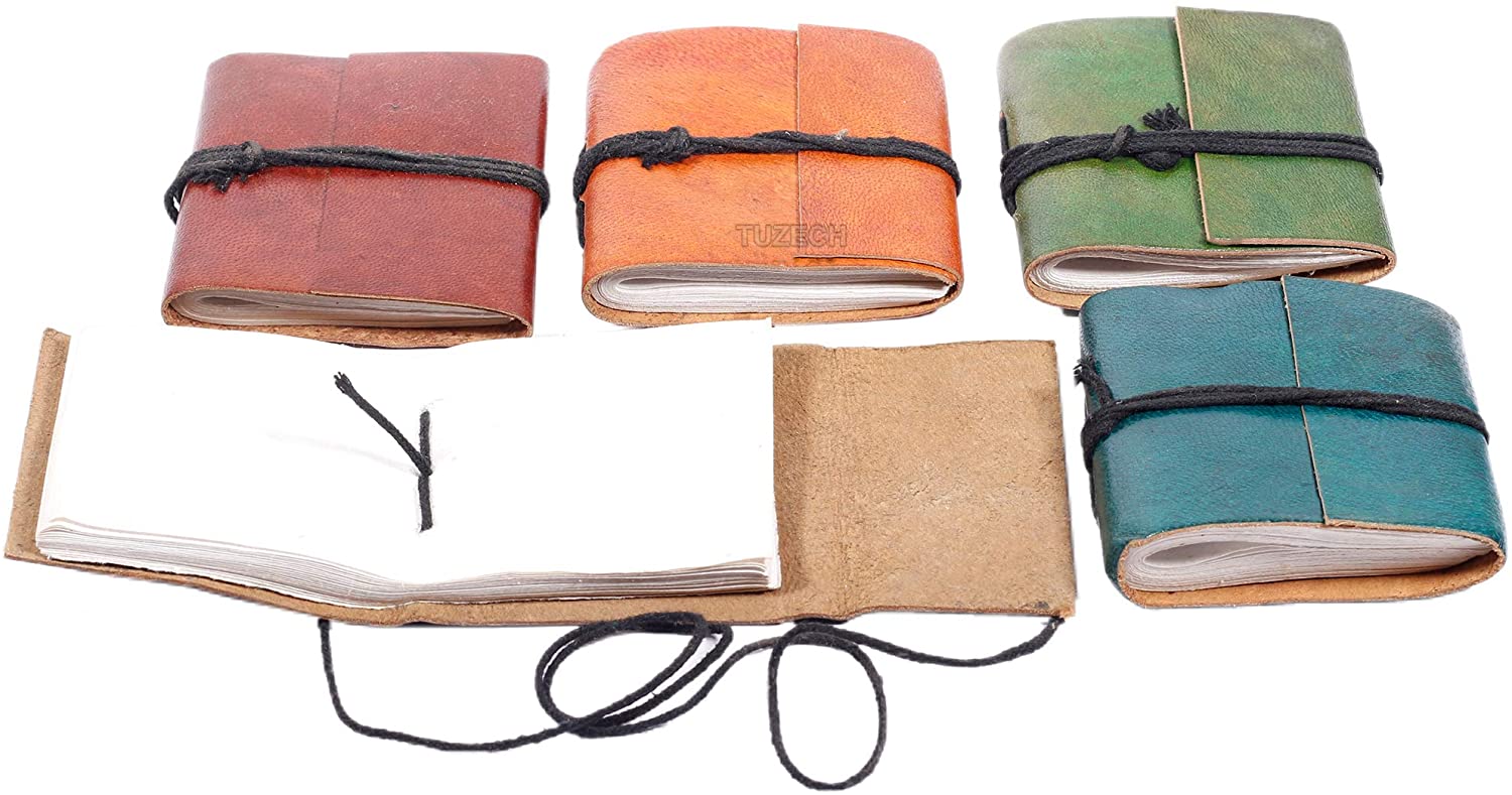 Tuzech Handmade Goat Leather Set of 5 Mini Scrapbook Writing Journal Notebook Embossed Travel Notebook Mens & women Personal Small Diary Leather Bound Colorfull Journal Gift Set (Set Of 5)-Tuzech store