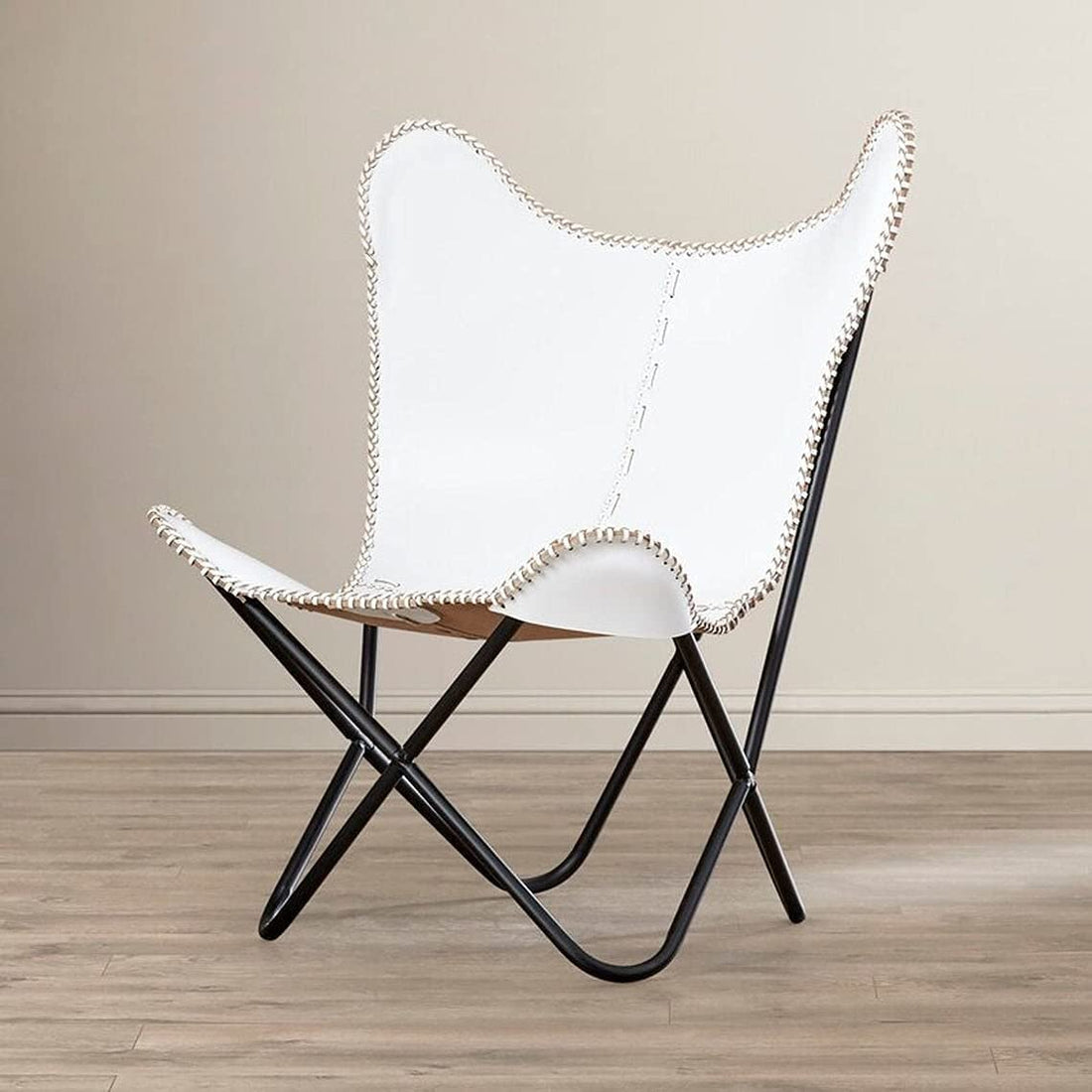 Tuzech Leather Butterfly Chair Vintage Leather Lounge Relax Arm Chair Handmade Genuine Leather Butterfly Chair White Leather Cover (with Fold-able Stand) 103x84x70 cm-Tuzech store