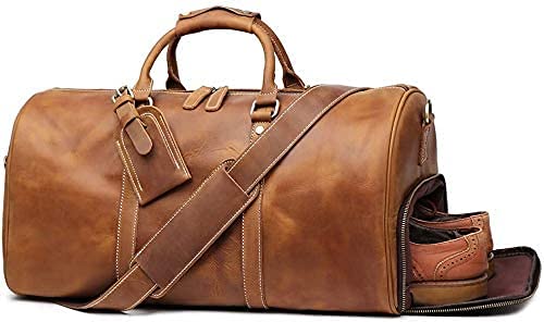TUZECH Leather Vintage Duffel Travel Bag for Men/Women|Full Grain Leather|Travel Overnight Weekend Leather Bag|Sports Gym Airplane Luggage Carry-With Shoe Compartment - 22 Inch (Regular Tan Brown)-Tuzech store