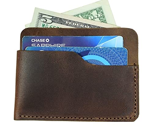 Tuzech minimalist front pocket leather wallet, holds 6 cards plus folded bills, cash organizer holder, handmade Brown Color (4.25x3.25 Inches)