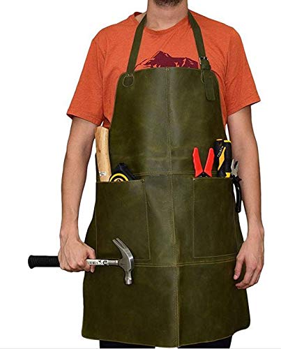 Tuzech Durable Leather Apron/Utility/Tool Pockets/Adjustable/Chef/Butcher/Metalworker/Carpenter/Blacksmith/Heavy Duty, Handmade (30x26 Inches) - Green Color (Double Pocket)-Tuzech store