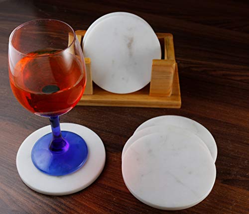 100% Pure Marble Natural Stone Coasters for Drinks with Wooden Holder Housewarming Suitable for Cup Glasses Prevent Furniture from Dirty Spills Water Ring, Scratches 4Inches Set of 6-Tuzech store