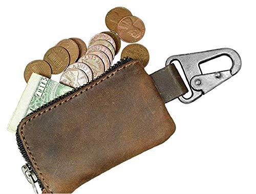 Leather Car Key Holder Headphone & Charging Cables/Memory Cards/Flash Drives/Cash Zipper Case with Clasp Handmade (Bourbon Brown)-Tuzech store