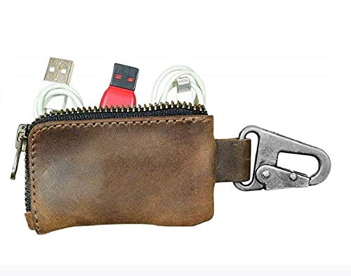 Leather Car Key Holder Headphone & Charging Cables/Memory Cards/Flash Drives/Cash Zipper Case with Clasp Handmade (Bourbon Brown)-Tuzech store