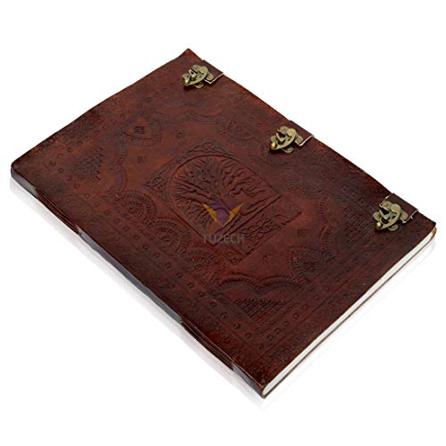 Tuzech Handmade Unique and Antique Notebook Diary for Men Women Nice Tree Embossed Design in Turquoise Color Brass Lock for Nice Closer Unlined Paper 18x13 Inches-Tuzech store