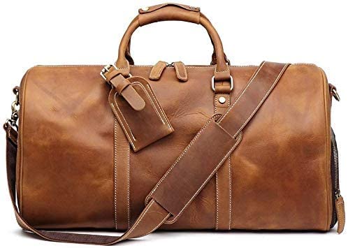 TUZECH Leather Vintage Travel Luggage Bag Duffle Retro Carry on Handbag Gym Sports Bag Airplane Luggage Carry-With Shoe Compartment (22 Inches) (Tan Brown)-Tuzech store