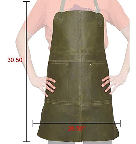 Tuzech Durable Leather Apron/Utility/Tool Pockets/Adjustable/Chef/Butcher/Metalworker/Carpenter/Blacksmith/Heavy Duty, Handmade (30x26 Inches) - Green Color (Double Pocket)-Tuzech store