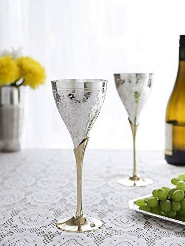 TUZECH Wine Champagne Whisky Glasses - Pure Handmade Silver Plated Engraved Premium Goblet | Champagne Flutes Coupes | Party Glass Dining Set Cutlery, Business Gift – (10 OZ 6 piece) Silver Wine Glass-Tuzech store