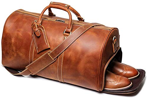 TUZECH Leather Vintage Travel Luggage Bag Men Duffel Retro Carry on Handbag Tan Brown – | Gym Sports Bag Airplane Luggage Carry-With Shoe Compartment (22 Inches)-Tuzech store