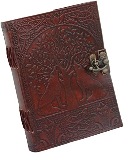TUZECH Tree of Life with Wolves Vintage Book of Shadows Handmade Leather Journal Diary Hocus Pocus Notebook Seven Chakra Gift for Men Women Him Her With Leather Bound 7X5 Inches