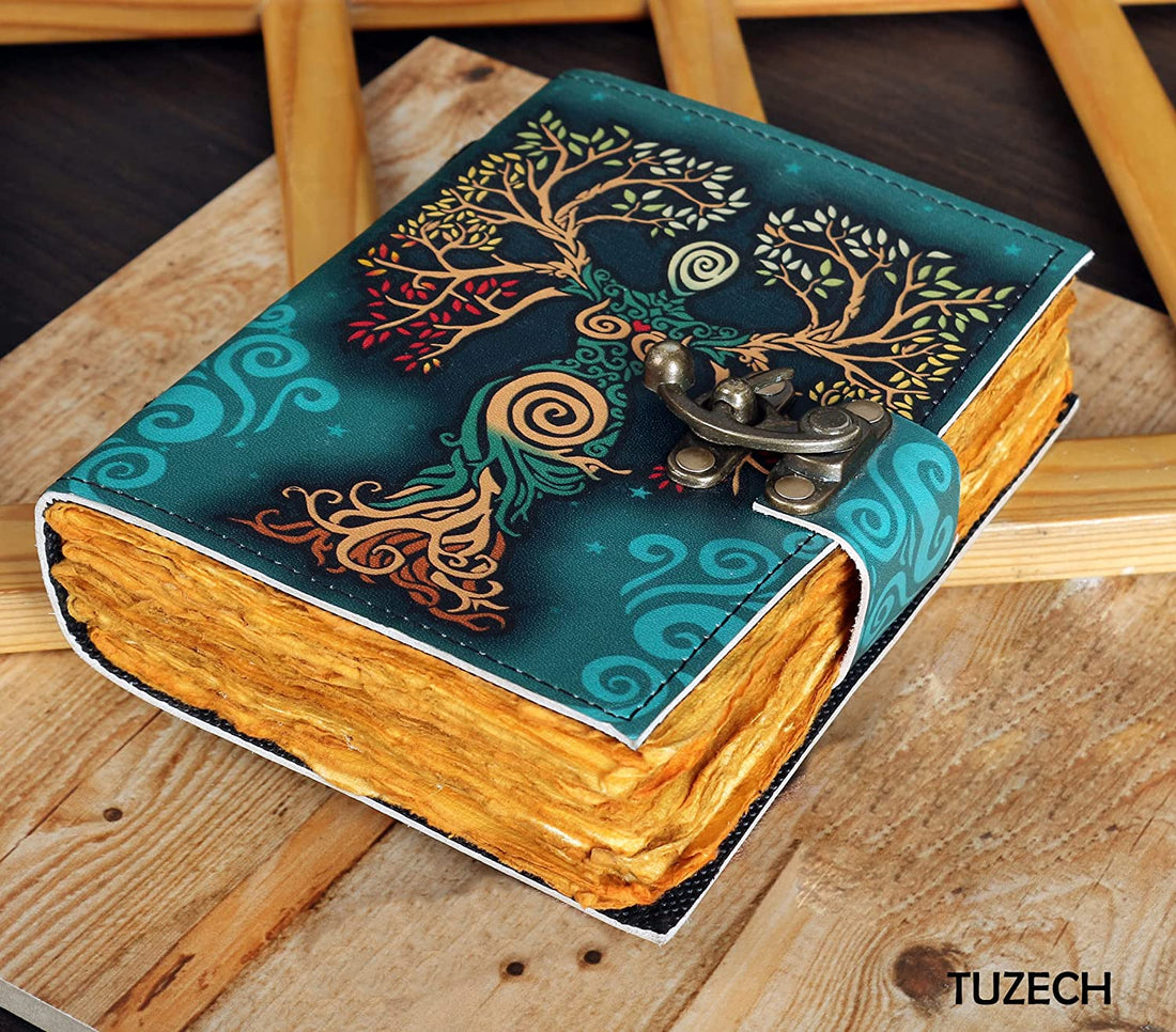 Tuzech Blank Spell Book Of Shadows Journal With Lock Clasp Prop Vintage Handmade Leather Diary For Women Men Gift Embossed Prayer Pagan Antique Witchcraft Wiccan Notebook Daily 7 Inches-Tuzech store
