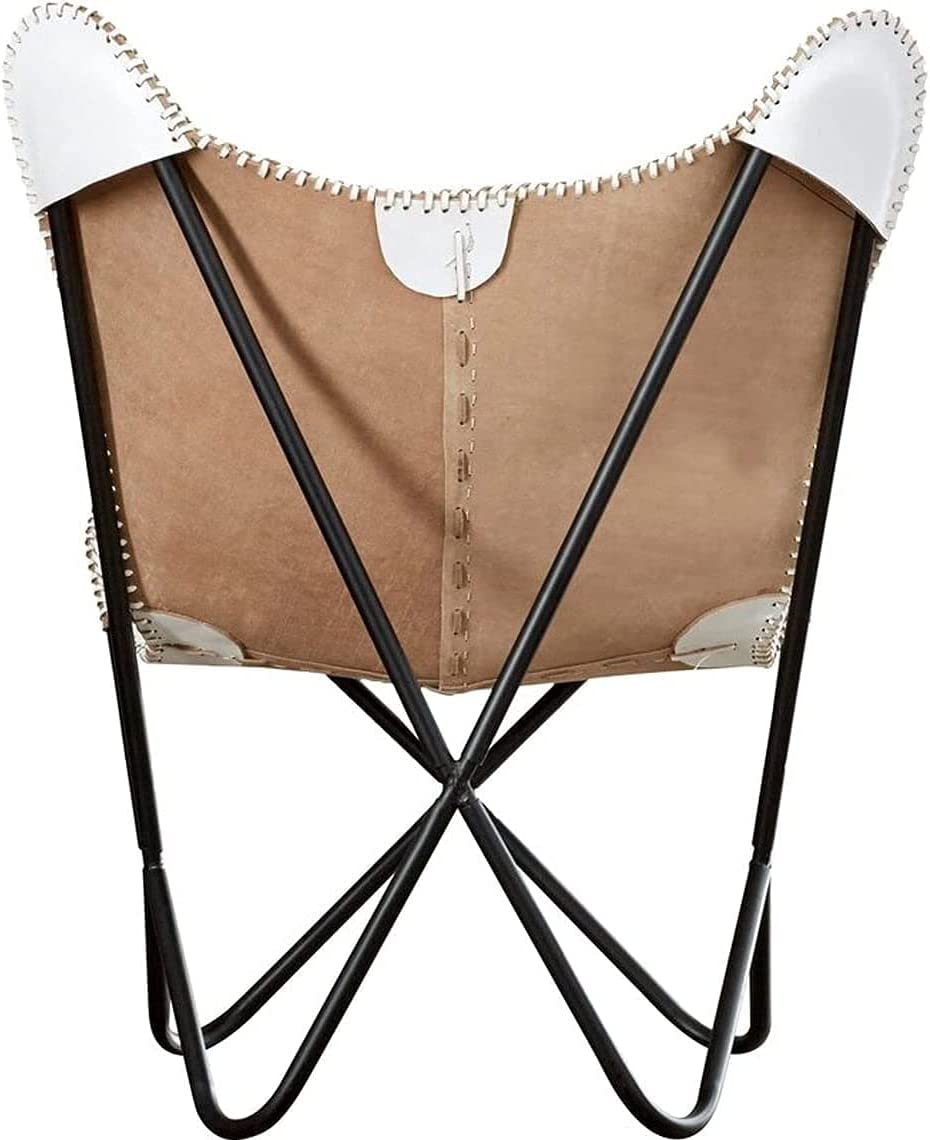 Tuzech Leather Butterfly Chair Vintage Leather Lounge Relax Arm Chair Handmade Genuine Leather Butterfly Chair White Leather Cover (with Fold-able Stand) 103x84x70 cm-Tuzech store