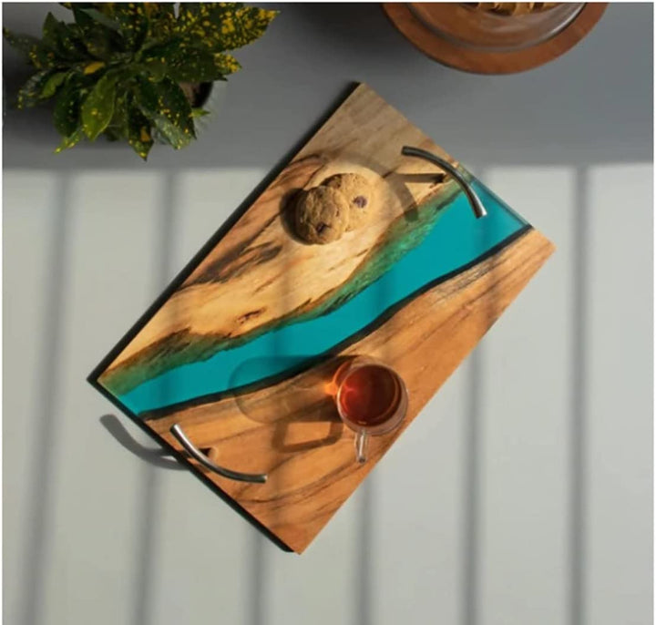 TUZECH Large EPOXY Tray , Resin River Live Edge Wood Tray, Resin Serving Tray, Epoxy Serving Tray,, Center Dining Table 18 x 12 inches-Tuzech store