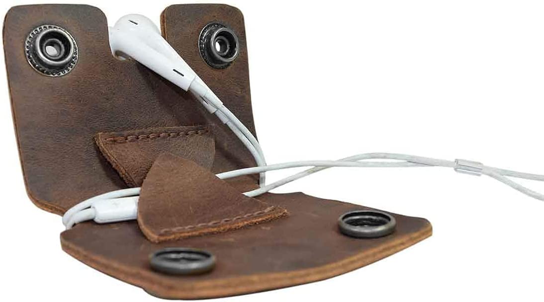 Tuzech Leather Cord Keeper (Cord Clam) Cord Snap Wrap Headphone Wrap Tangle Free Cord Sandwich Handmade Brown Color