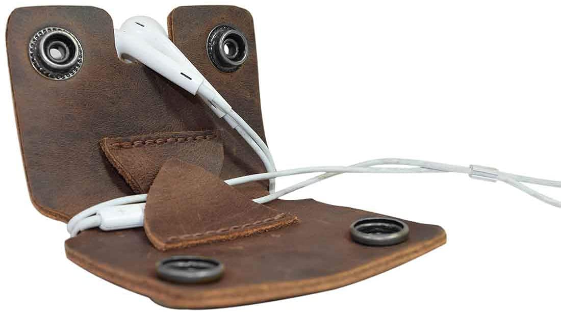 Tuzech Leather Cord Keeper (Cord Clam) Cord Snap Wrap Headphone Wrap Tangle Free Cord Sandwich Handmade Brown Color