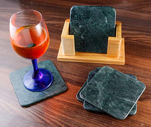100% Pure Marble Natural Stone Coasters for Drinks with Wooden Holder Housewarming Suitable for Cup Glasses Prevent Furniture from Dirty Spills Water Ring, Scratches 4Inches Set of 6-Tuzech store