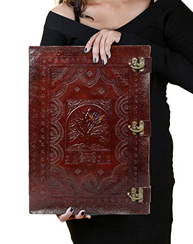 Tuzech Handmade Unique and Antique Notebook Diary for Men Women Nice Tree Embossed Design in Turquoise Color Brass Lock for Nice Closer Unlined Paper 18x13 Inches-Tuzech store